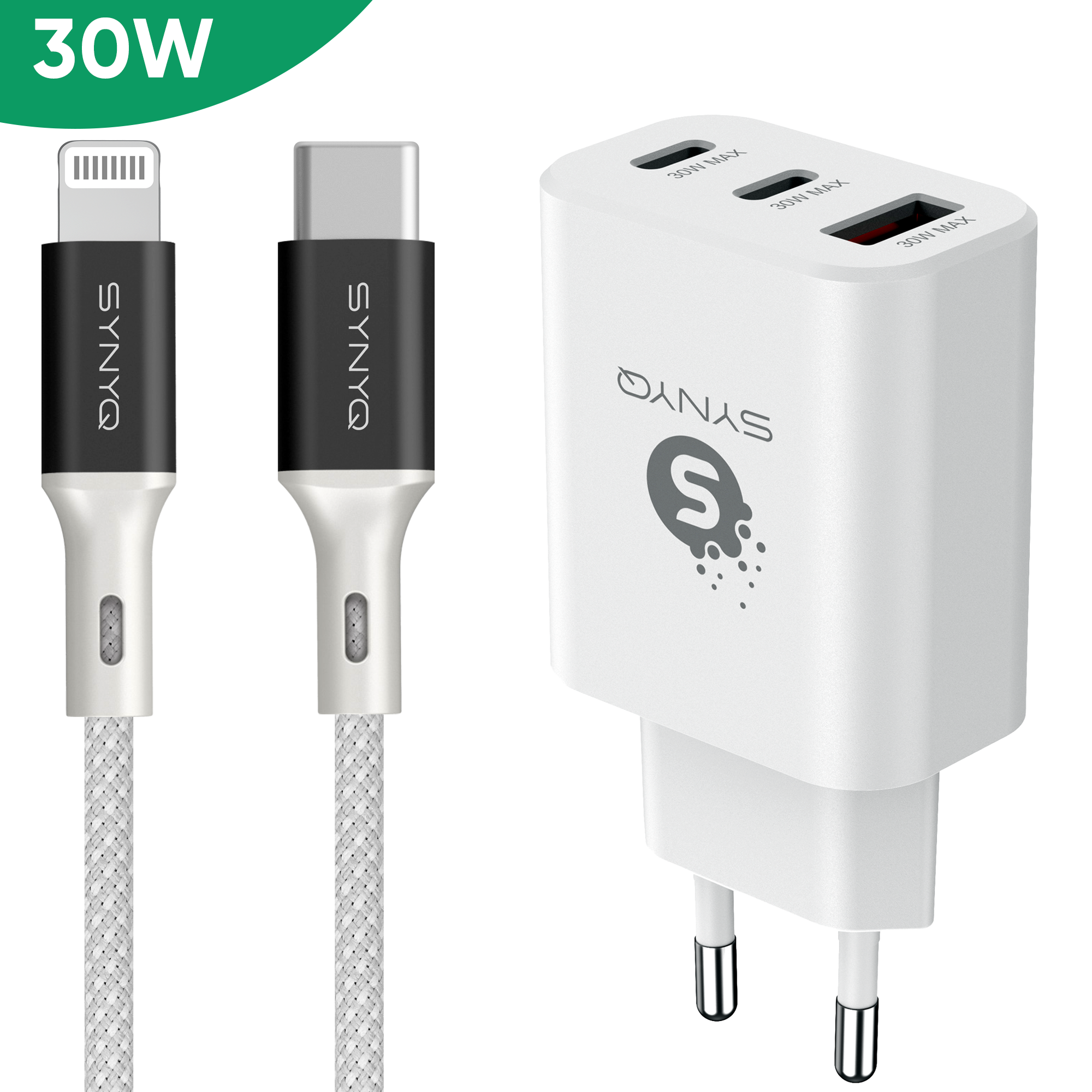 Chargeur rapide Synyq 30 W (3 ports) - Câble Lightning inclus