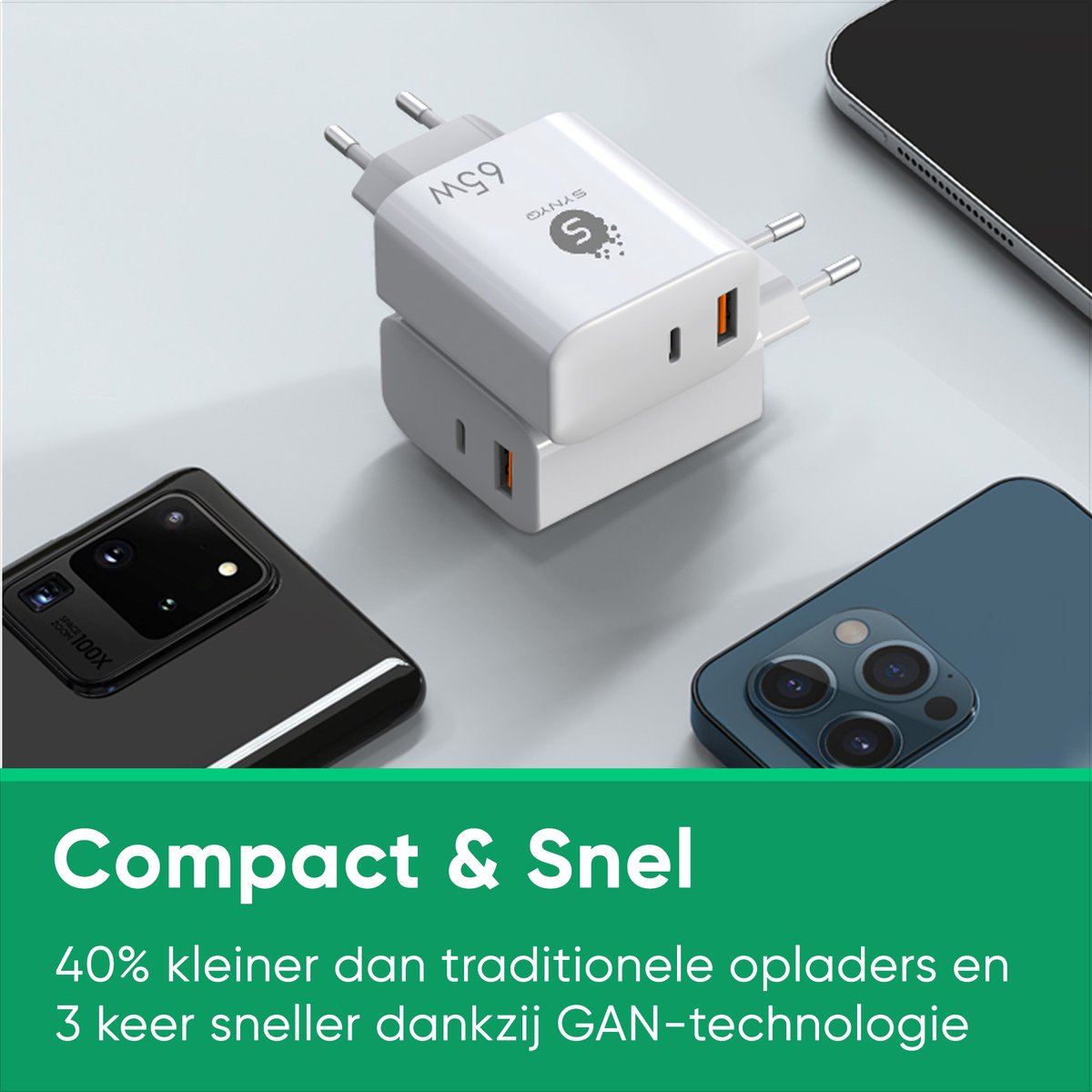 Synyq 65W Snellader Set - Incl. 100W USB-C Kabel - Universeel