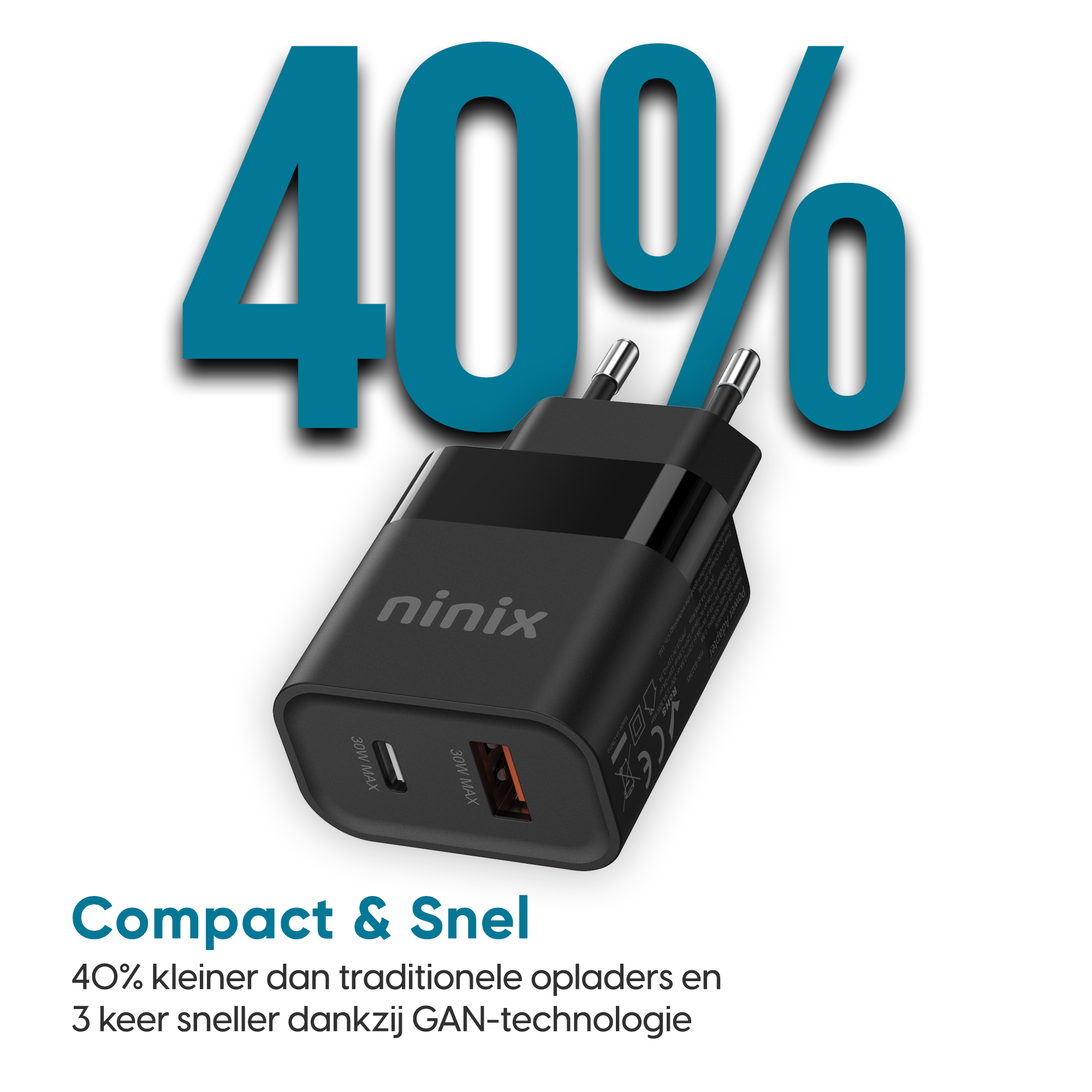 Ninix 30W GaN Snellader - 2 Poorten - Incl. USB-C Kabel - Universeel