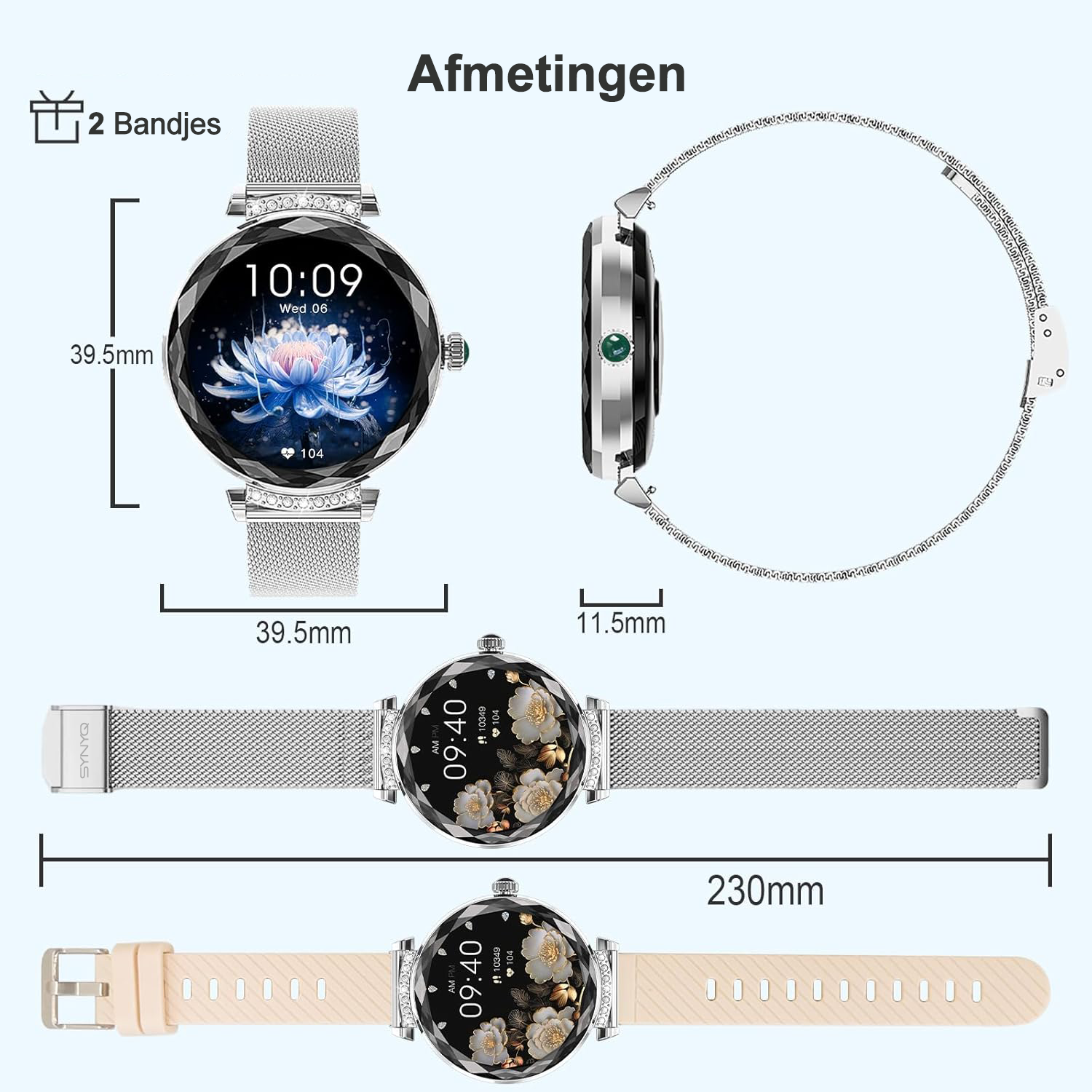 Synyq Diamond Smartwatch Dames - 39mm AMOLED - Incl. 2 Bandjes