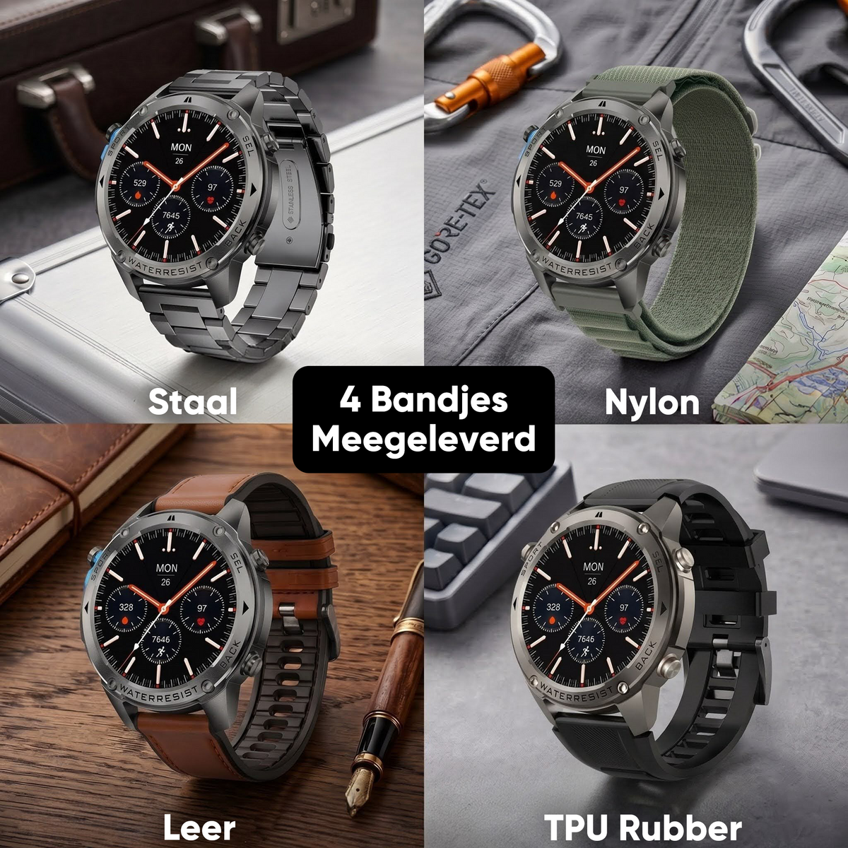 Synyq GPS Pro Smartwatch Heren - Gunmetal - AMOLED - 10 Dagen Batterij - Incl. 4 Bandjes