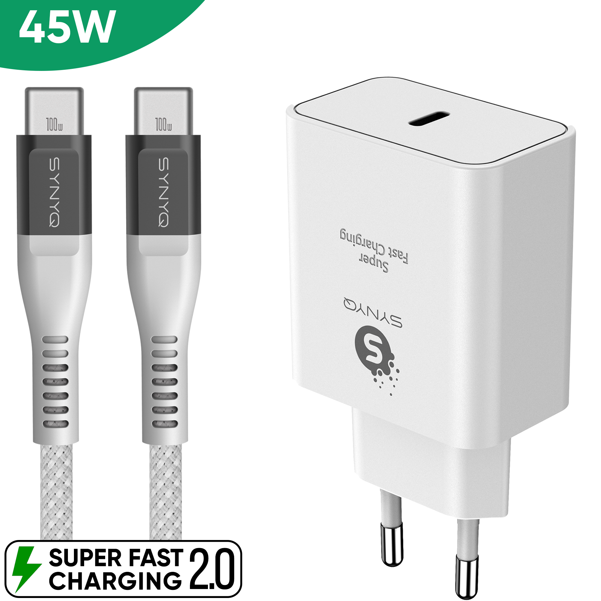 Synyq 45W USB-C Snellader Set - Incl. 100W Kabel - Universeel
