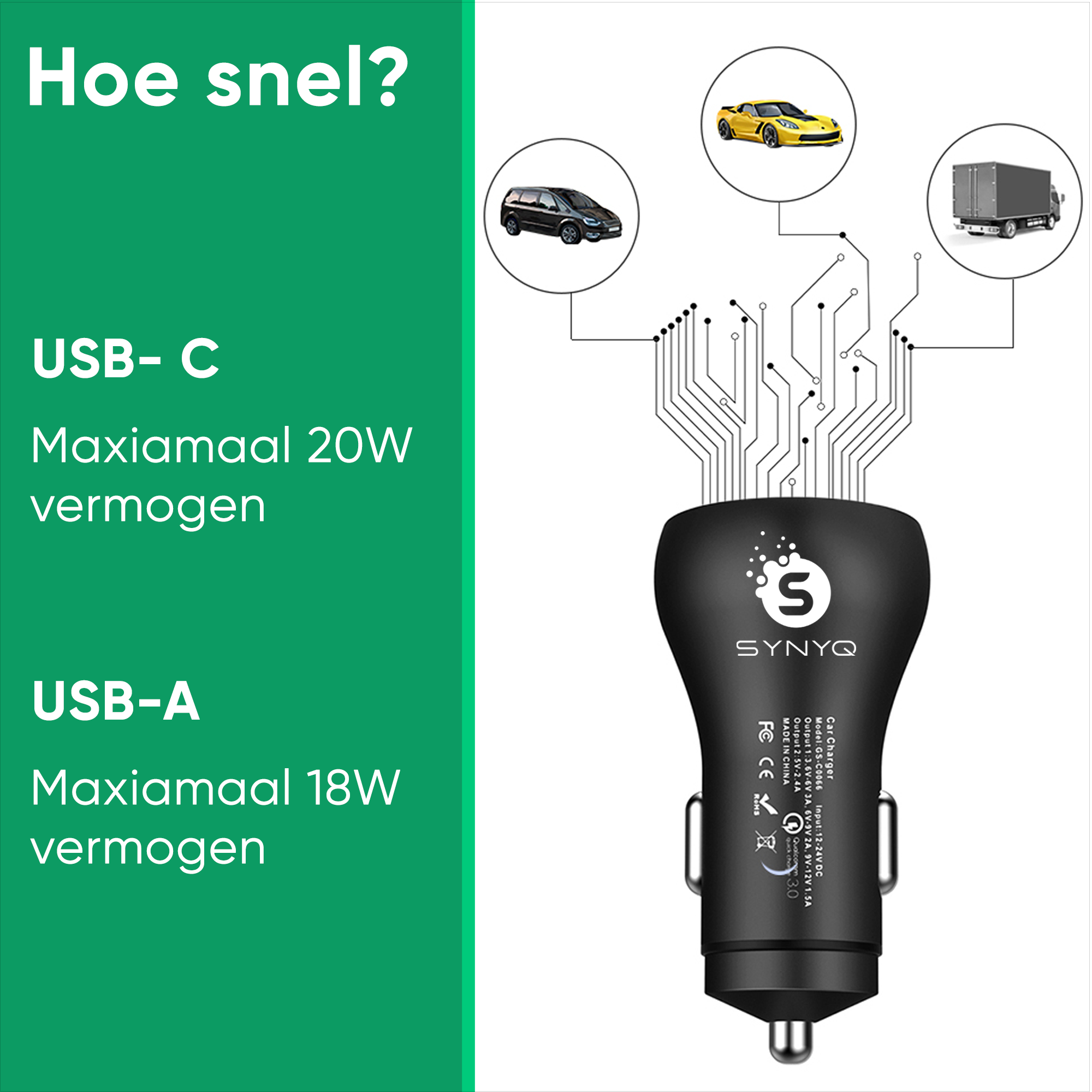Synyq 38W Dual Auto Snellader - Incl. Lightning Kabel