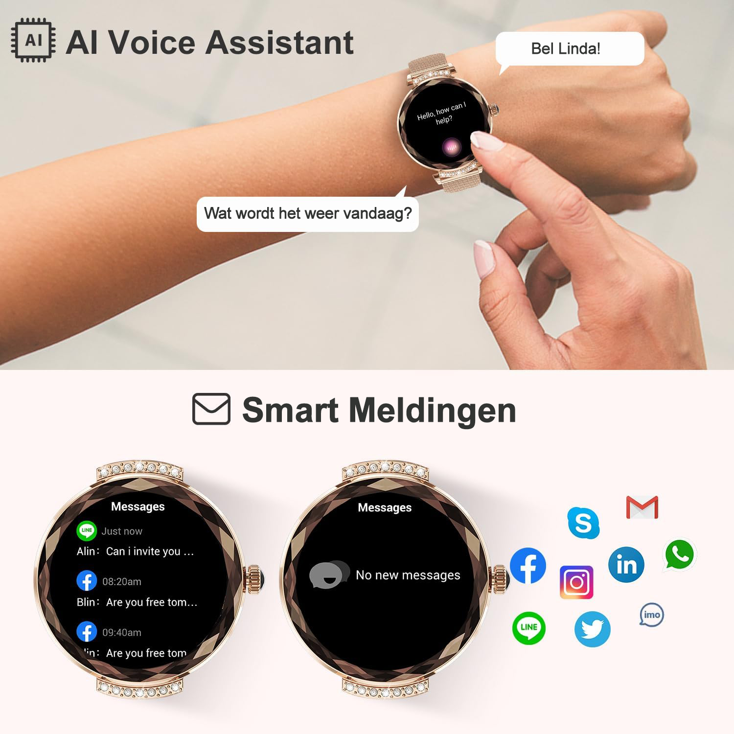 Synyq Diamond Smartwatch Dames - 39mm AMOLED - Incl. 2 Bandjes