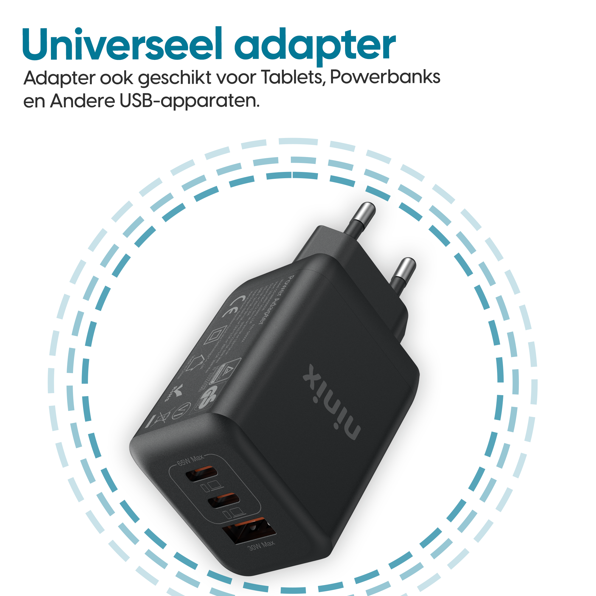 Ninix 65W GaN Snellader - 3 Poorten - Incl. USB-C Kabel - Universeel