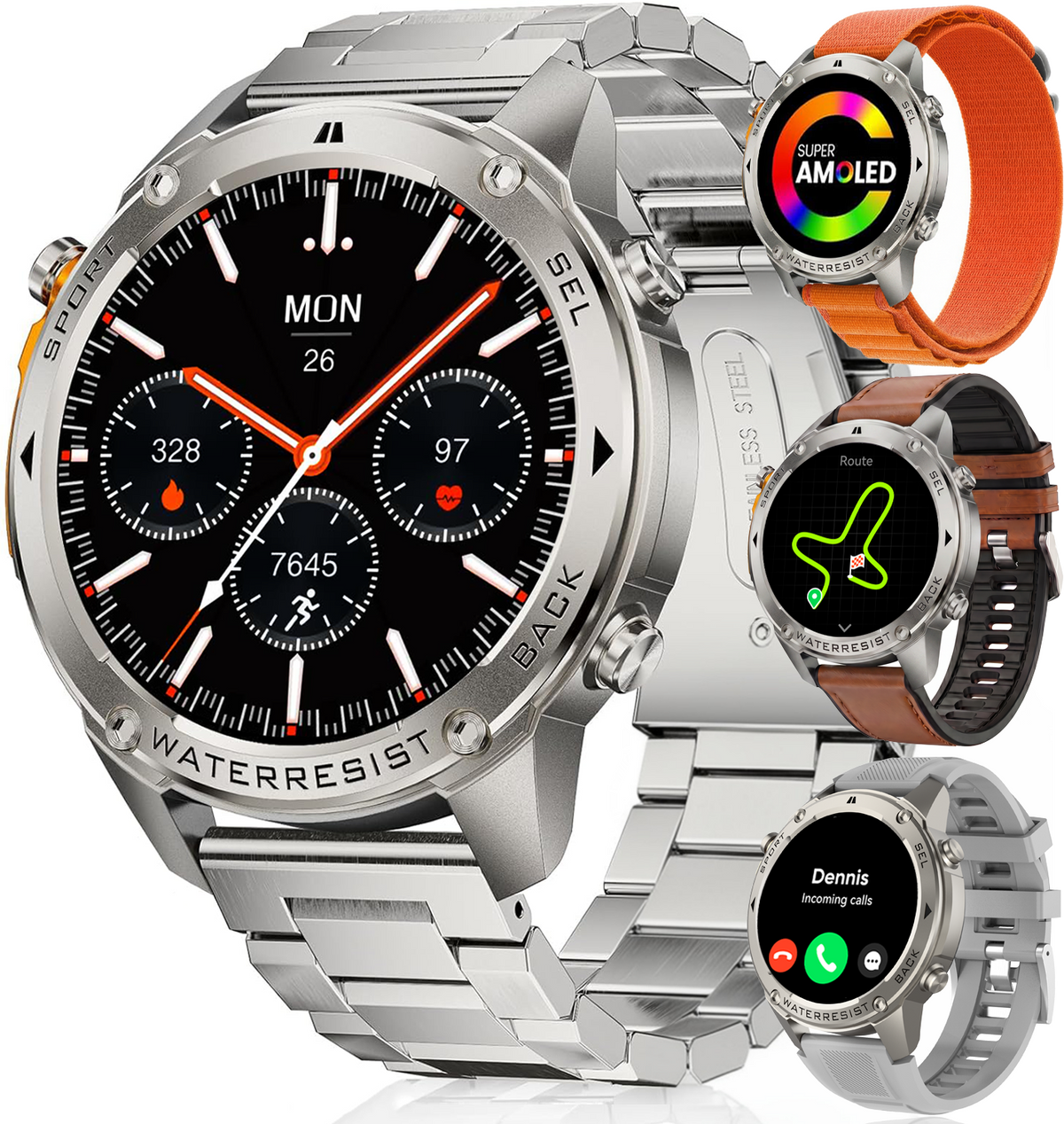 Synyq GPS Pro Smartwatch Heren - Steel - AMOLED - 10 Dagen Batterij - Incl. 4 Bandjes