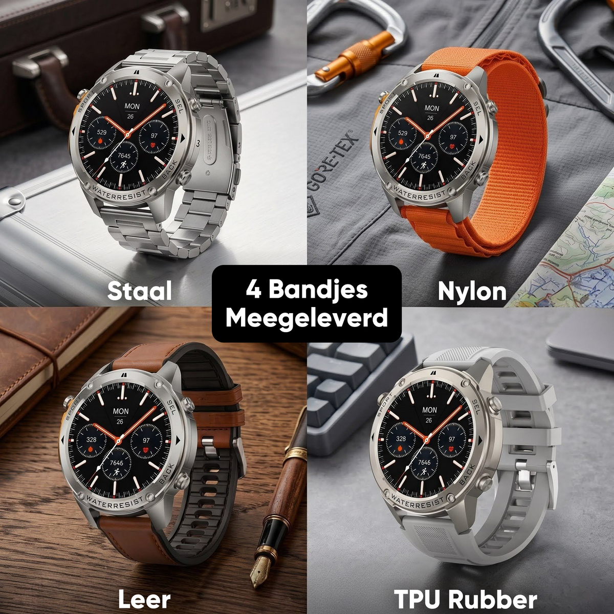 Synyq GPS Pro Smartwatch Heren - Steel - AMOLED - 10 Dagen Batterij - Incl. 4 Bandjes