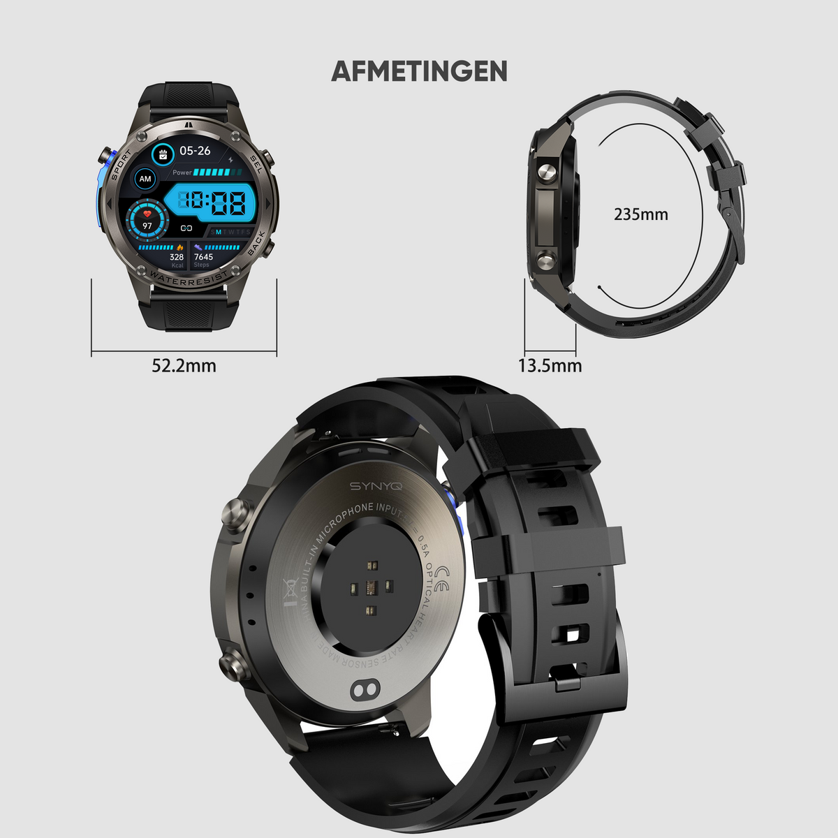 Synyq GPS Pro Smartwatch Heren - Gunmetal - AMOLED - 10 Dagen Batterij - Incl. 4 Bandjes